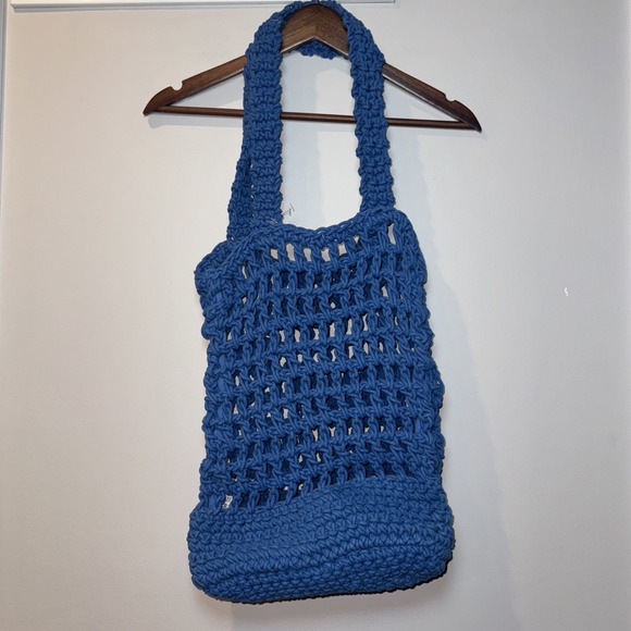 J.Crew Blue Crochet Tote Bag Thick Knit Medium 12x15x4 Drop 12" Chunky NWOT Boho - Picture 1 of 9